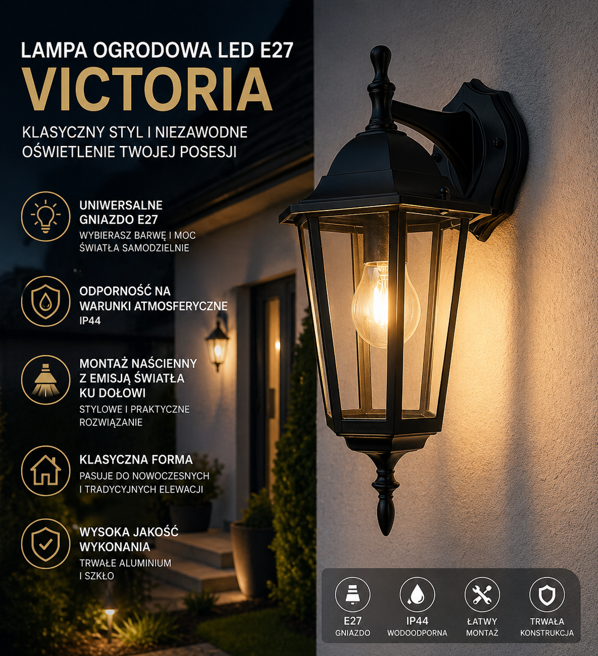 Kinkiet Zewnętrzny Ogrodowy  – Lampa Elewacyjna Ścienna | Klasyczny Styl