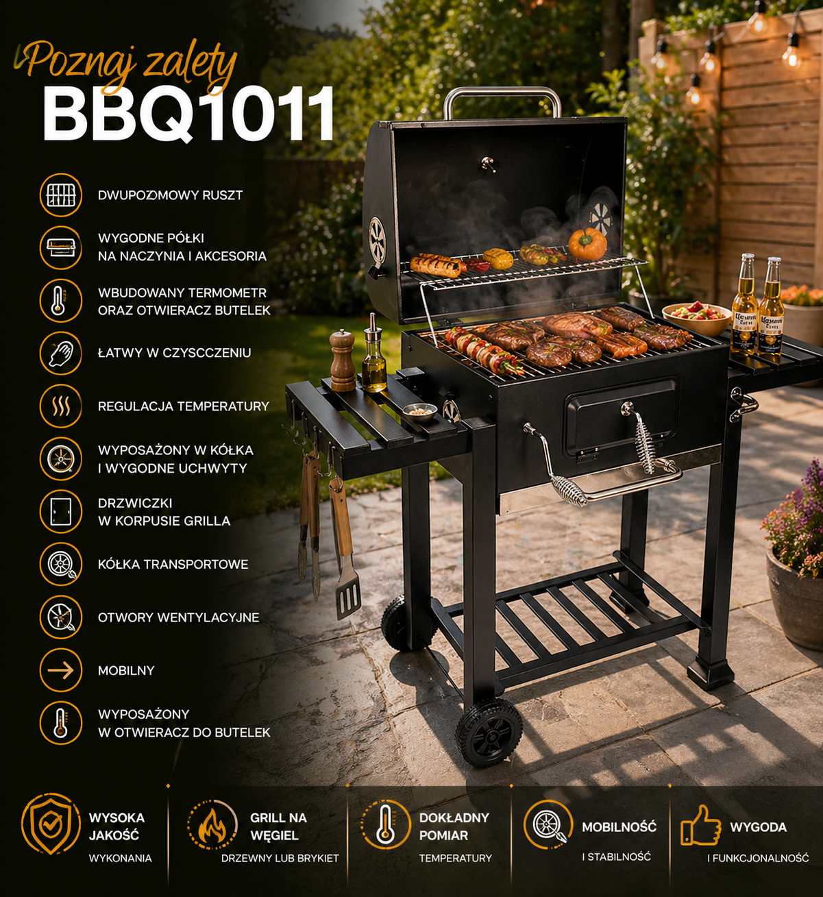 Grill Ogrodowy BBQ1011 Węglowy – Ruszt 2 Poziomy | Termometr | Kółka | Półki