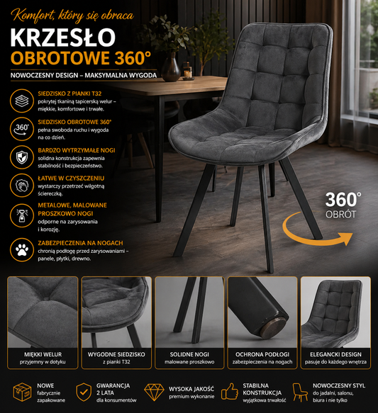 Krzesło Obrotowe | Welur | Szare