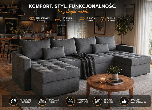 Narożnik U z Funkcją Spania – Duży Sofa Szary | Pojemnik na Pościel | Komfort Premium
