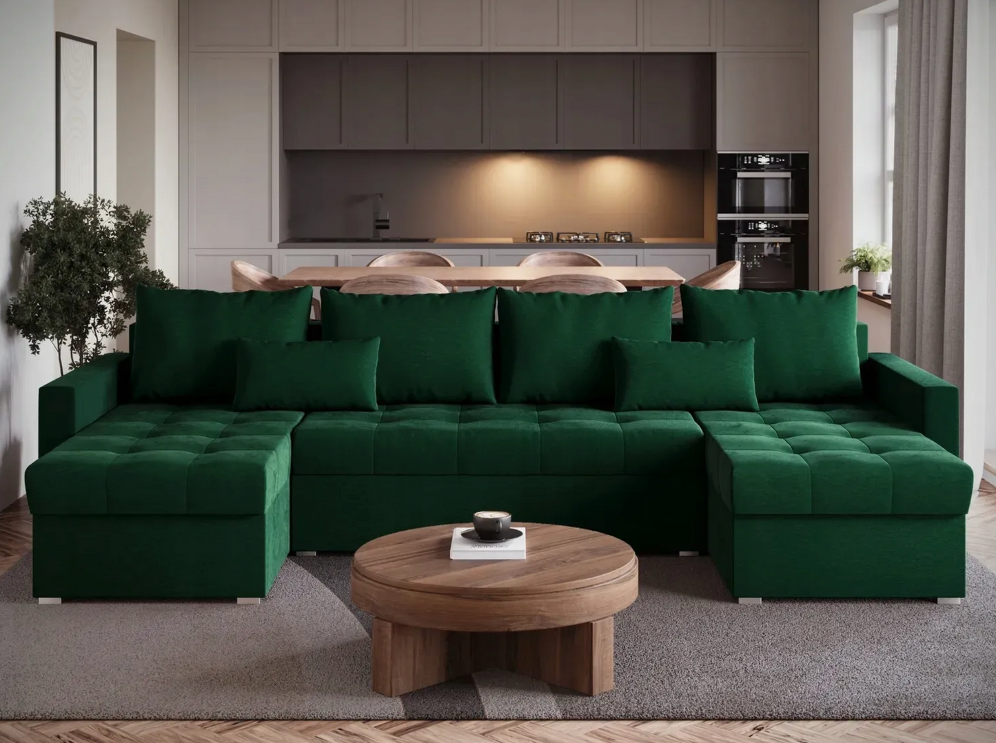 Narożnik U z Funkcją Spania – Duży Sofa Szary | Pojemnik na Pościel | Komfort Premium