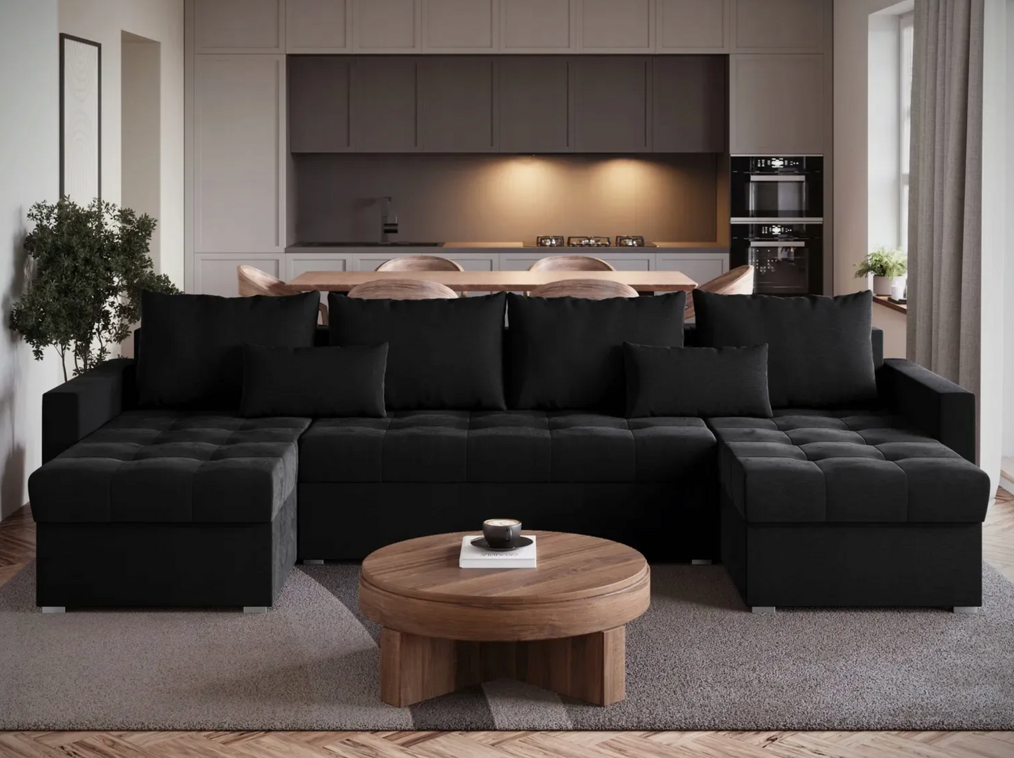Narożnik U z Funkcją Spania – Duży Sofa Szary | Pojemnik na Pościel | Komfort Premium