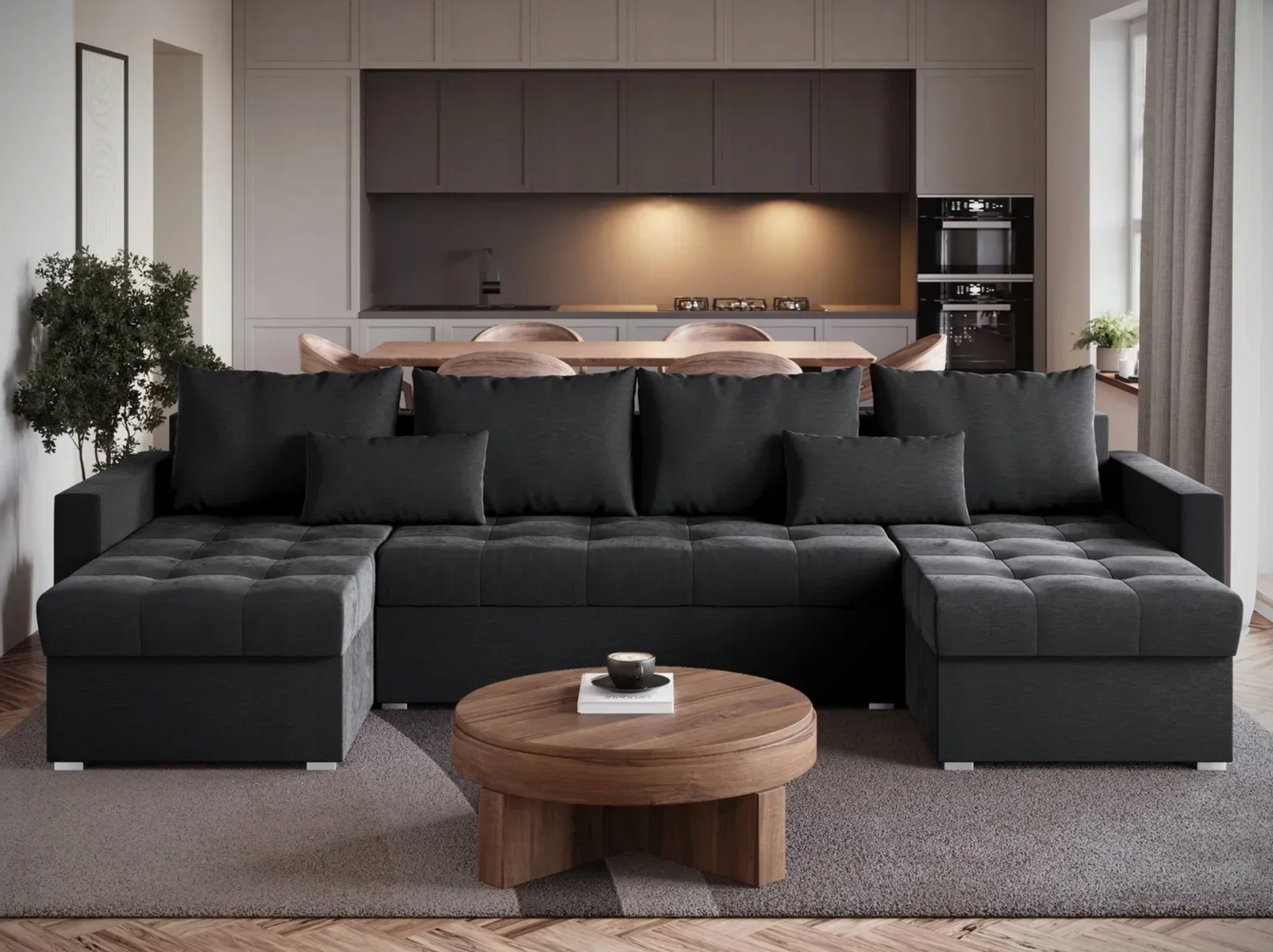 Narożnik U z Funkcją Spania – Duży Sofa Szary | Pojemnik na Pościel | Komfort Premium