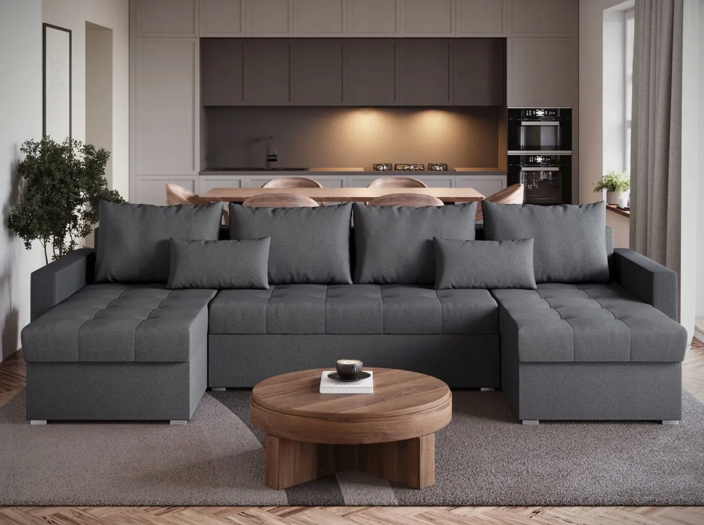 Narożnik U z Funkcją Spania – Duży Sofa Szary | Pojemnik na Pościel | Komfort Premium