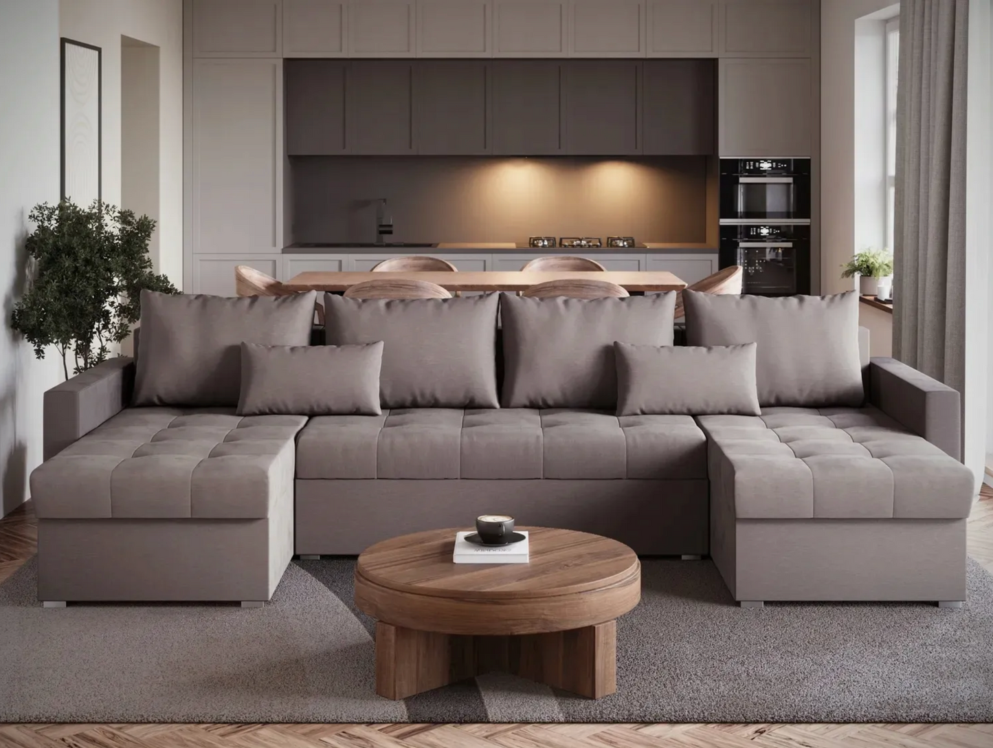 Narożnik U z Funkcją Spania – Duży Sofa Szary | Pojemnik na Pościel | Komfort Premium